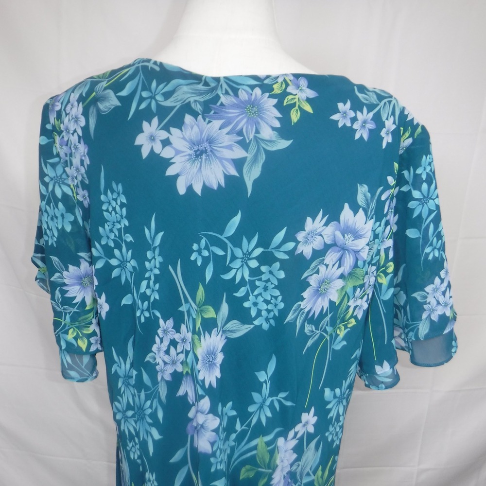 Anthony Richards Teal Floral Chiffon Midi Dress Flutter Sleeve V-Neck 22W - Picture 8 of 11